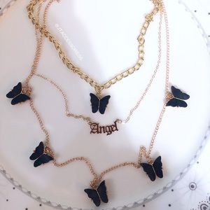 Black butterfly angel layered necklace